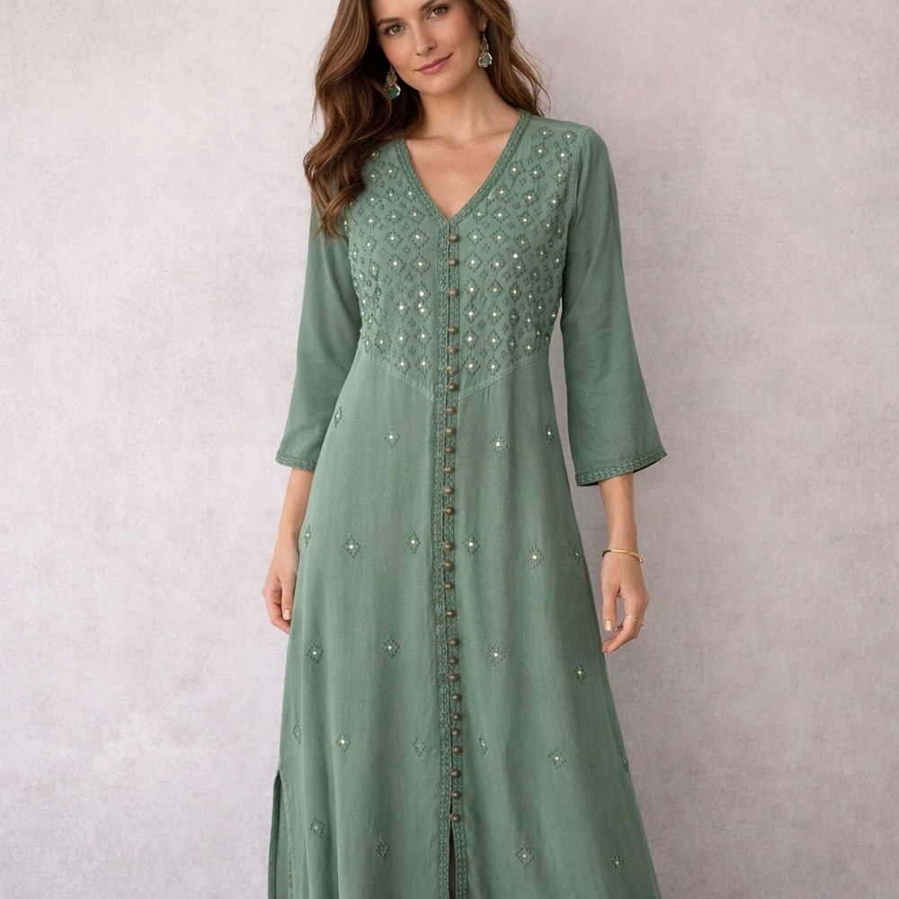 Green Boho Embroidered Sequin Maxi Dress NWT Medium Tall Button Front